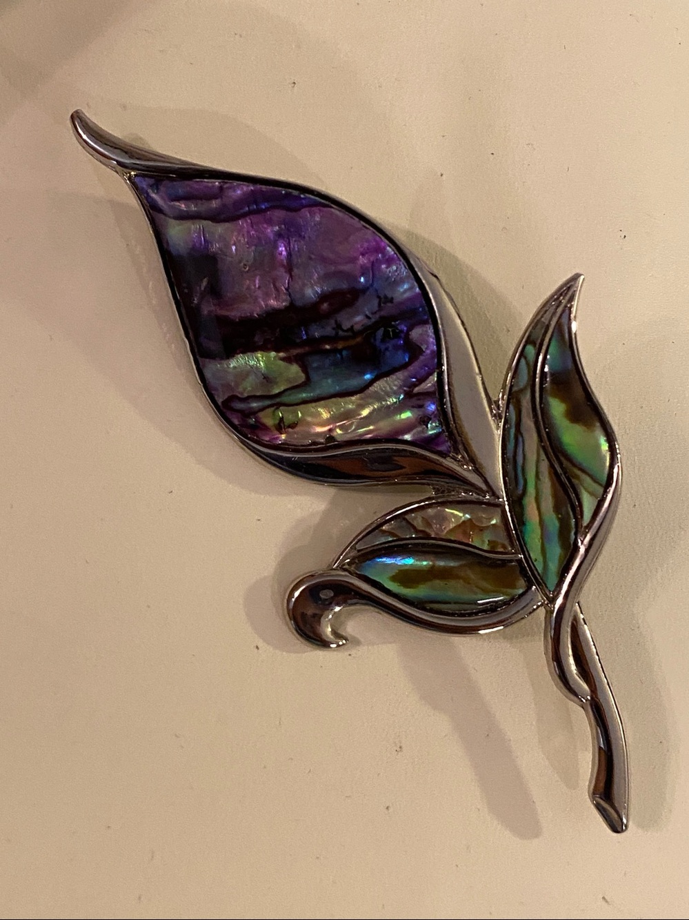 Vintage Nuri Abalone Shell Leaf Brooch Pin Signed 3.75”